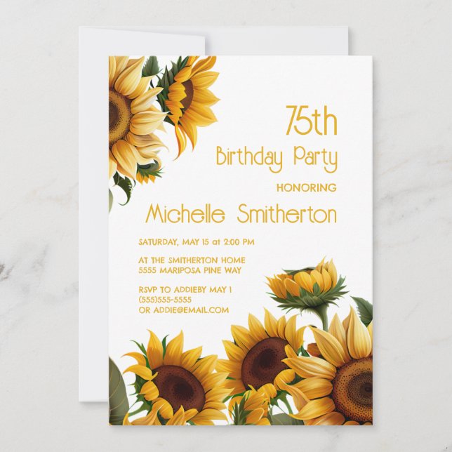 Invitación Girasoles Elegantes Rústicos Cumpleaños 75 (Anverso)