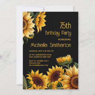 Invitación Girasoles Elegantes Rústicos Cumpleaños 75 Negro