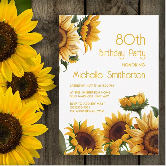 Invitación Girasoles Elegantes Rústicos Cumpleaños 80 (Sunflowers on white 80th birthday party invitation)