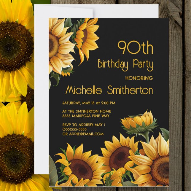 Invitación Girasoles Elegantes Rústicos Cumpleaños 90 Negro (Sunflowers on black 90th birthday party invitation)