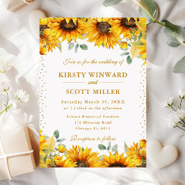 Invitación Girasoles en acuarela y boda con brillo dorado