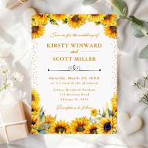 Girasoles en acuarela y boda con brillo dorado