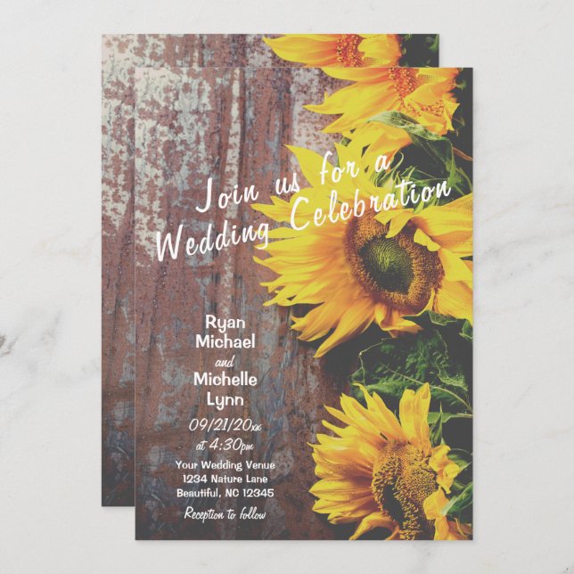 Invitación Girasoles en matrimonio rústico en madera de grane (Anverso / Reverso)