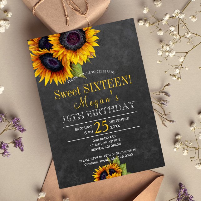 Invitación Girasoles en pizarra chic rústico dulces dieciséis (Subido por el creador)