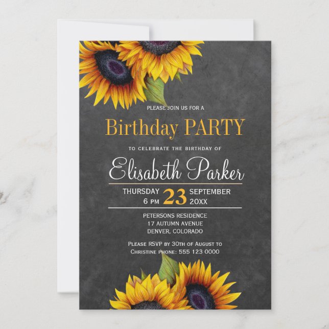 Invitación Girasoles en pizarra fiesta de cumpleaños rústica (Anverso)