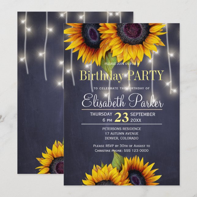 Invitación Girasoles en pizarra fiesta de cumpleaños rústica  (Anverso / Reverso)