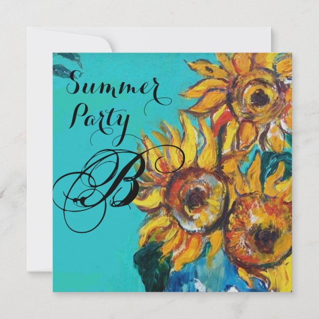 INVITACIÓN GIRASOLES EN VERANO DE TURQUESA AZUL PARTY MONOGRA (Anverso)