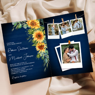 Invitación Girasoles Eucalipto Azul Marino Código QR Boda