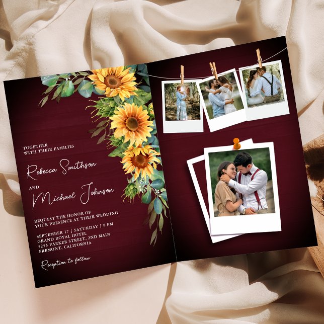 Invitación Girasoles Eucalipto Borgoña Código QR Boda (Subido por el creador)