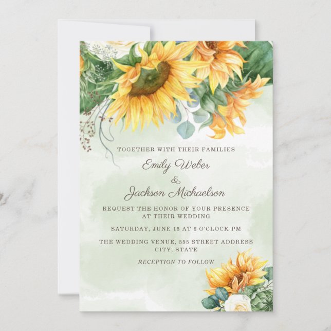 Invitación Girasoles Eucalipto Rosas Blancas Boda (Anverso)