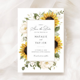 Invitación Girasoles Floral Blanco Verdor Salva la Fecha
