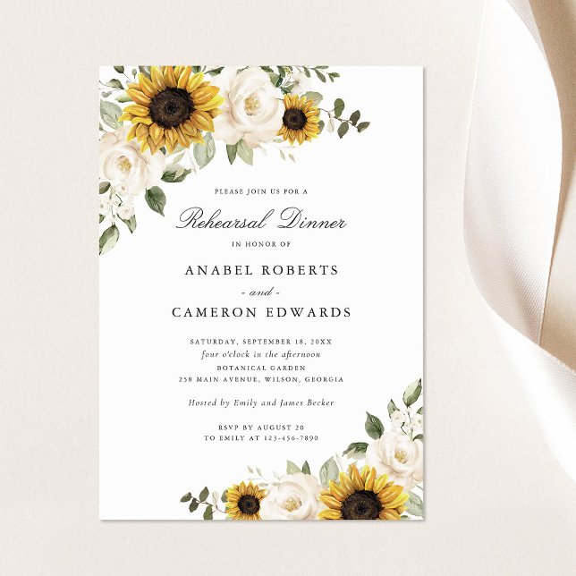 Invitación Girasoles Flores Blancas Cena de Ensayo de Boda (Subido por el creador)