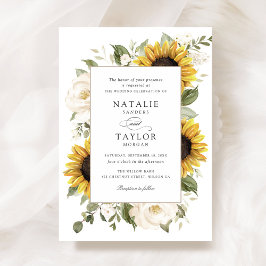 Invitación Girasoles Flores Blancas Vegetación Enmarcado Boda