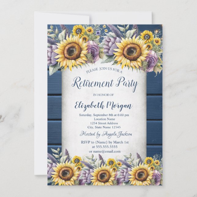 Invitación Girasoles, flores violetas madera jubilación  (Anverso)