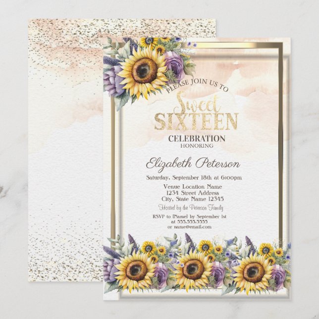 Invitación Girasoles Flores Violetas Marco Sweet 16 (Anverso / Reverso)