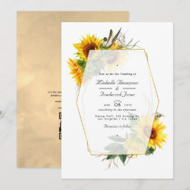 Invitación Girasoles geométricos dorados código QR RSVP Boda