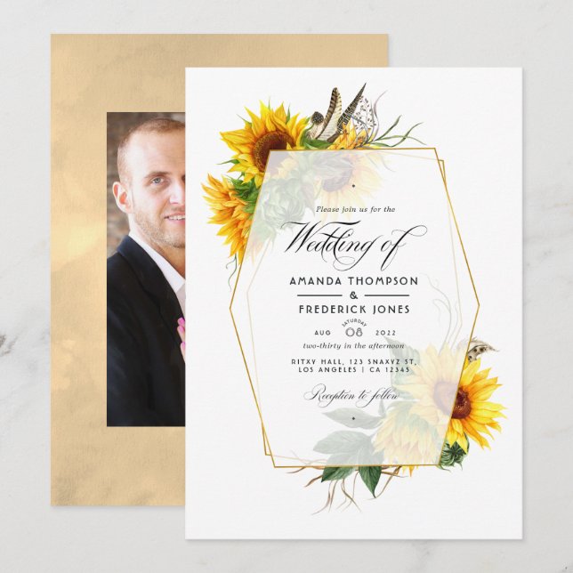 Invitación Girasoles geométricos dorados Foto de boda (Anverso / Reverso)