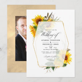 Invitación Girasoles geométricos dorados Foto de boda