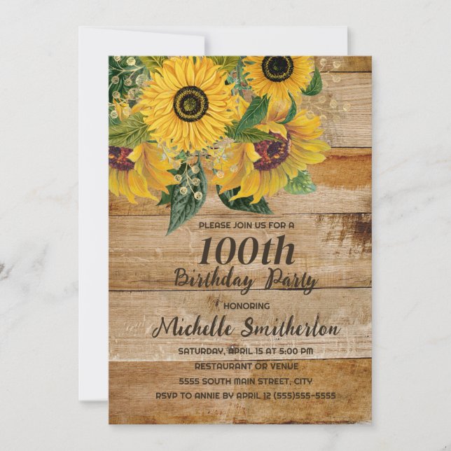 Invitación Girasoles Granero Madera Occidental 100 Cumpleaños (Anverso)