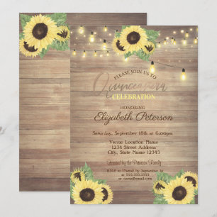 Invitación Girasoles,Luces de Cadenas,Textura de Madera Quinc