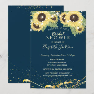 Invitación Girasoles, luces de cuerda, ducha de novia dorada