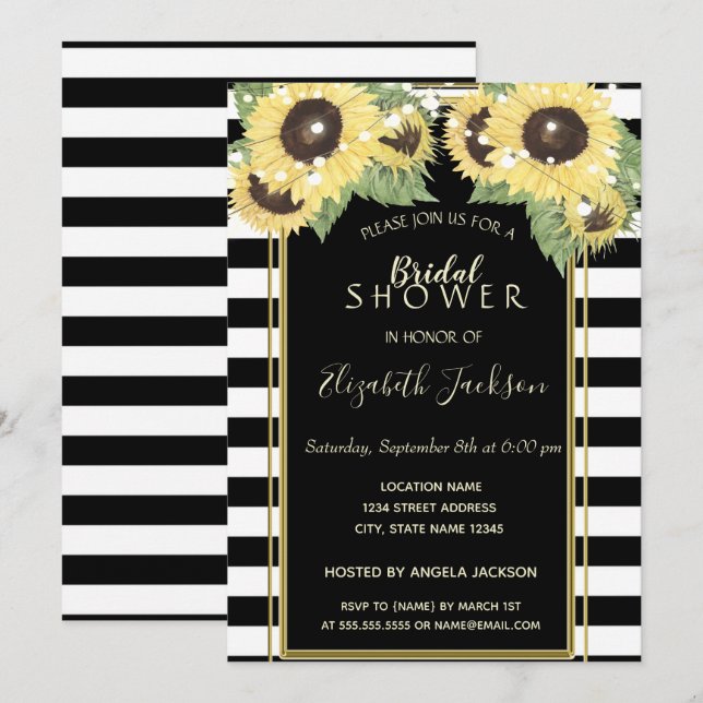 Invitación Girasoles, luces de cuerdas, ducha nupcial a rayas (Anverso / Reverso)