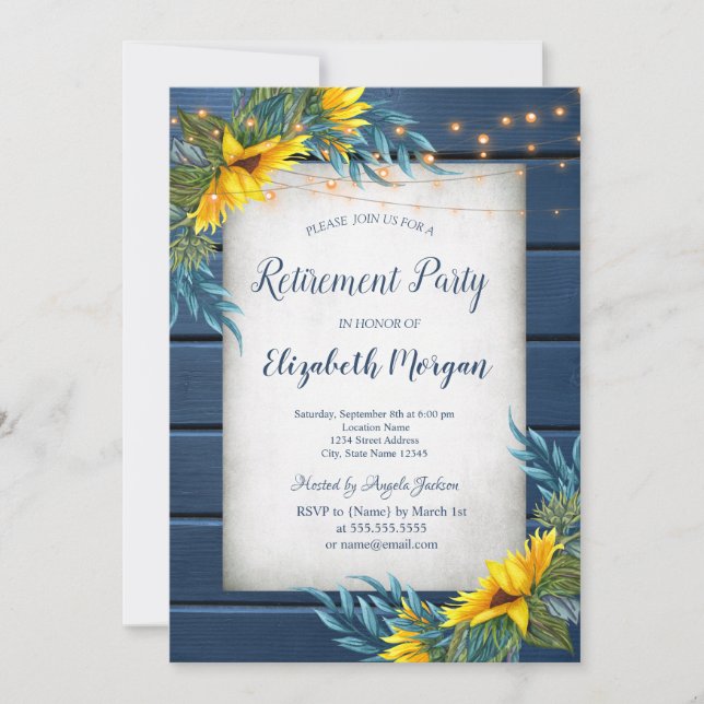 Invitación Girasoles, luces, jubilación de la madera azul de  (Anverso)