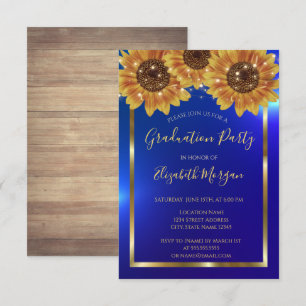 Invitación Girasoles, Luces, Madera, Confeti Azul Graduación