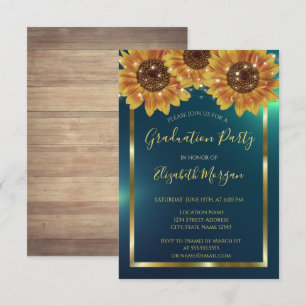 Invitación Girasoles, Luces, Madera, Confeti Verde Graduación