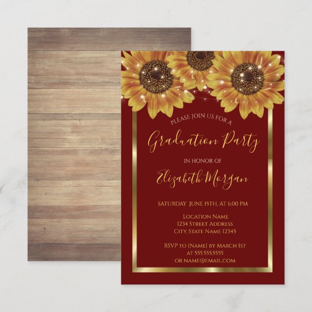 Invitación Girasoles,Luces, Madera, Fiesta de Graduación Roja (Anverso / Reverso)