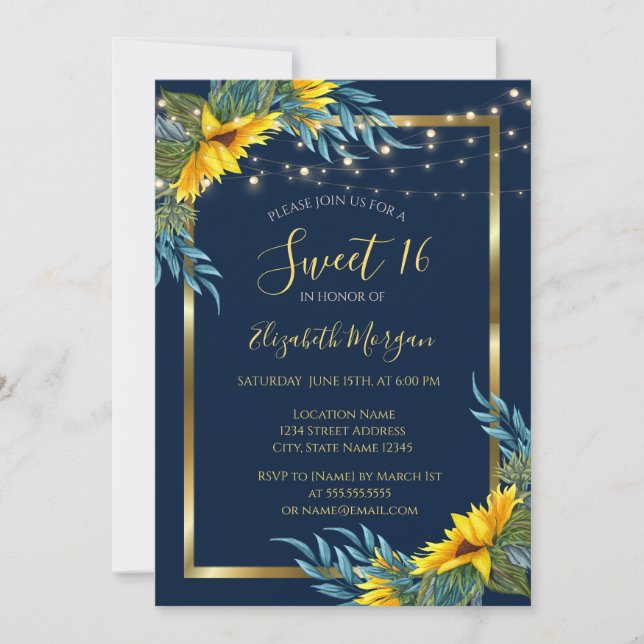 Invitación Girasoles, Luces, Textura de Madera Dulces 16 (Anverso)
