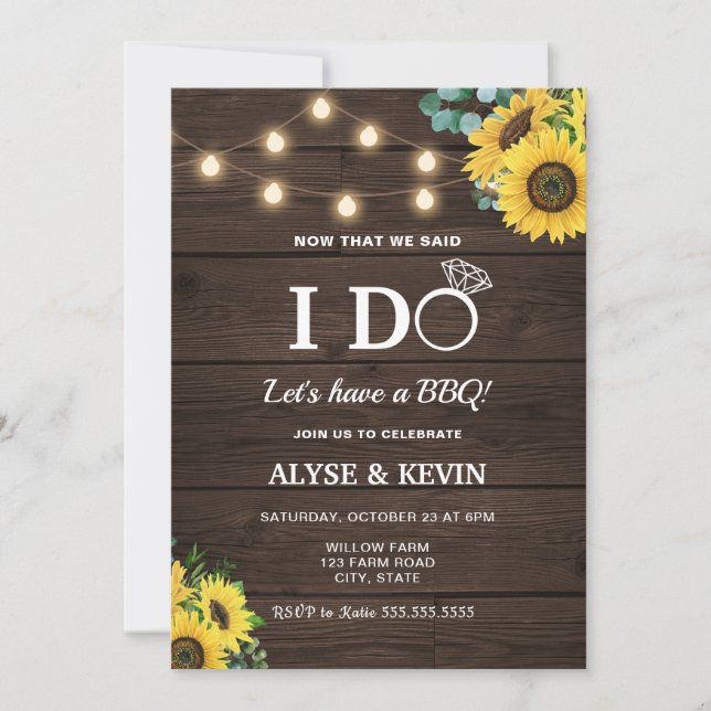 Invitación Girasoles, luces y madera de pino I DO BBQ (Anverso)