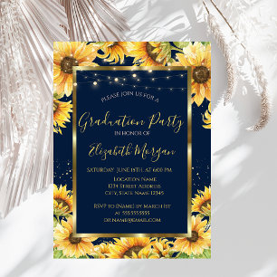 Invitación Girasoles, Madera, Marco Azul Marino Graduación