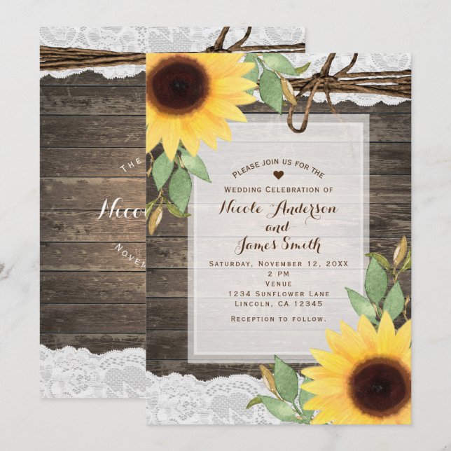 Invitación Girasoles Madera Rústica  & Encaje Boda de Campo (Anverso / Reverso)