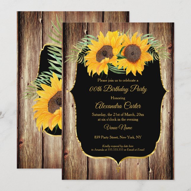Invitación Girasoles madera rústica fiesta oro negro (Anverso / Reverso)