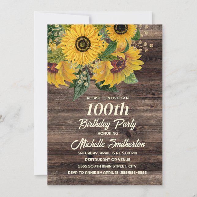 Invitación Girasoles Madera Rústica País Cumpleaños 50 (Anverso)