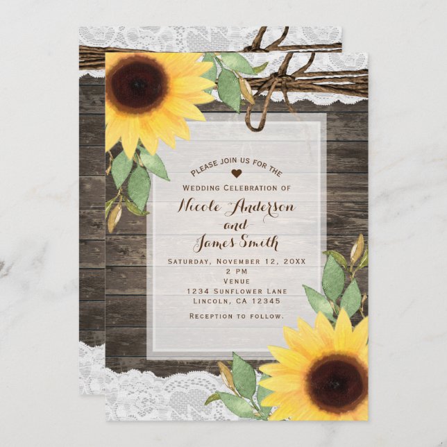 Invitación Girasoles Madera Rústica y Encaje Boda de Campo (Anverso / Reverso)