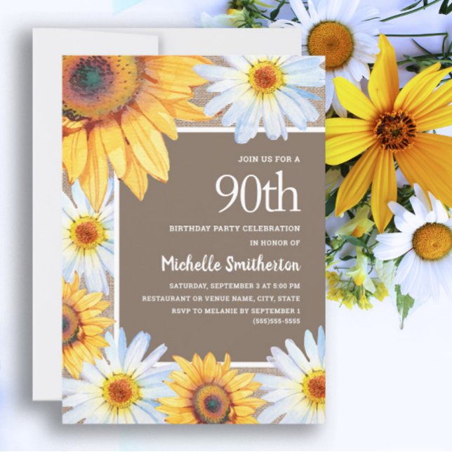 Invitación Girasoles Margaritas Blancas Arpillera Cumpleaños  (White daisies and sunflowers 90th birthday party invitation for women)