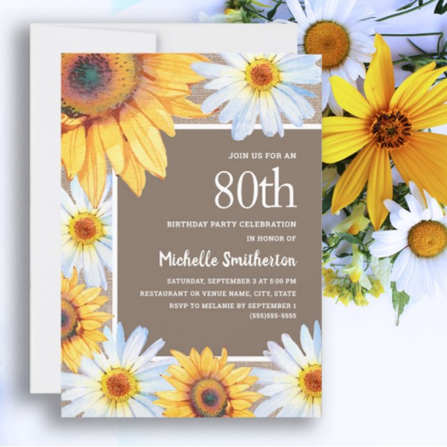 Invitación Girasoles Margaritas Blancas Arpillera Cumpleaños  (White daisies and sunflowers 80th birthday party invitation for women.)