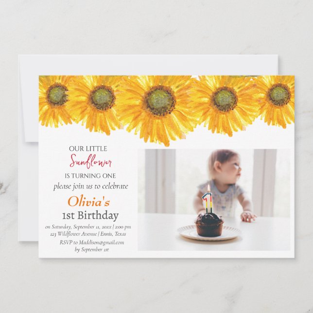 Invitación Girasoles Primer Chica de cumpleaños Foto Floral (Anverso)