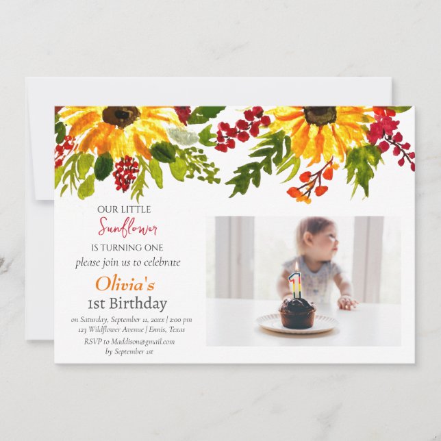 Invitación Girasoles Primer Chica de cumpleaños Foto Floral (Anverso)