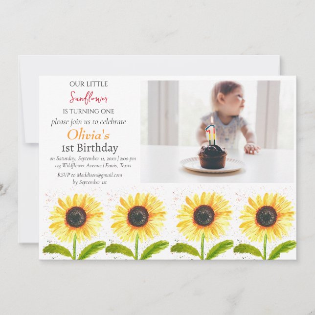 Invitación Girasoles Primer Chica de cumpleaños Foto Floral (Anverso)