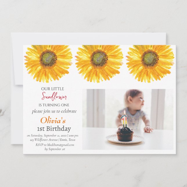 Invitación Girasoles Primer Chica de cumpleaños Foto Floral (Anverso)