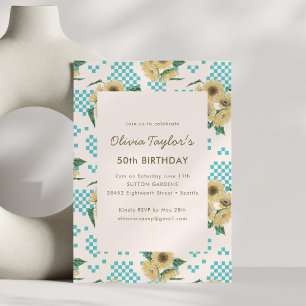 Invitación Girasoles Retro Turquesa de Cuadros Cumpleaños 50