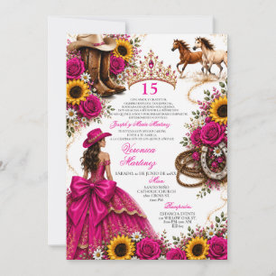 Invitación Girasoles Rosa Caliente Fuchsia Vaquera Quinceañer