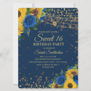 Invitación Girasoles Rosas Azules Oro Brillante Dulces 16