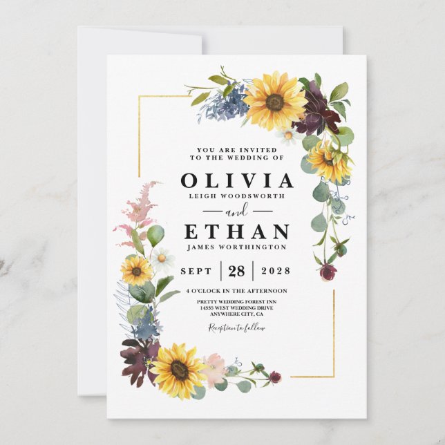 Invitación Girasoles Rosas Borgoña Azules Rústicas (Anverso)