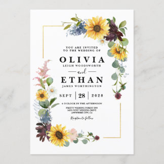 Invitación Girasoles Rosas Borgoña Azules Rústicas