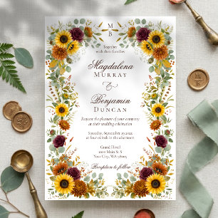 Invitación Girasoles Rosas Borgoña Óxido Floral Bodas de Otoñ
