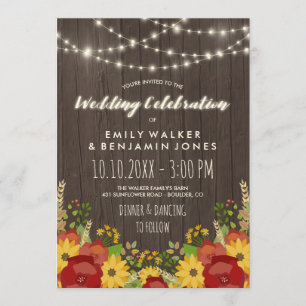 Invitación Girasoles Rosas Luces de Cadena Boda Rústica en un